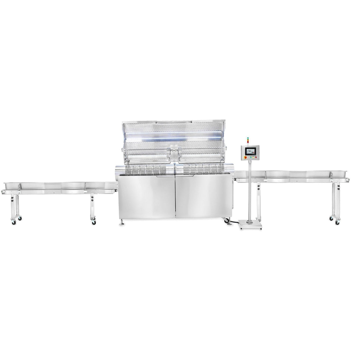 Commercial hemp and cannabis trimming machine with conveyor belts and control panel.