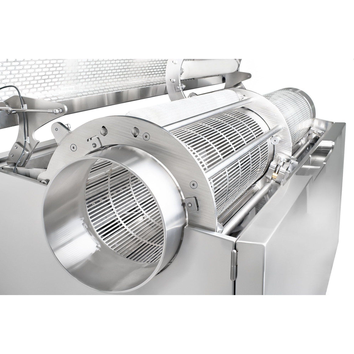 Close-up of a commercial hemp/cannabis trimming machine's stainless steel drum and funnel, featuring a grate design.