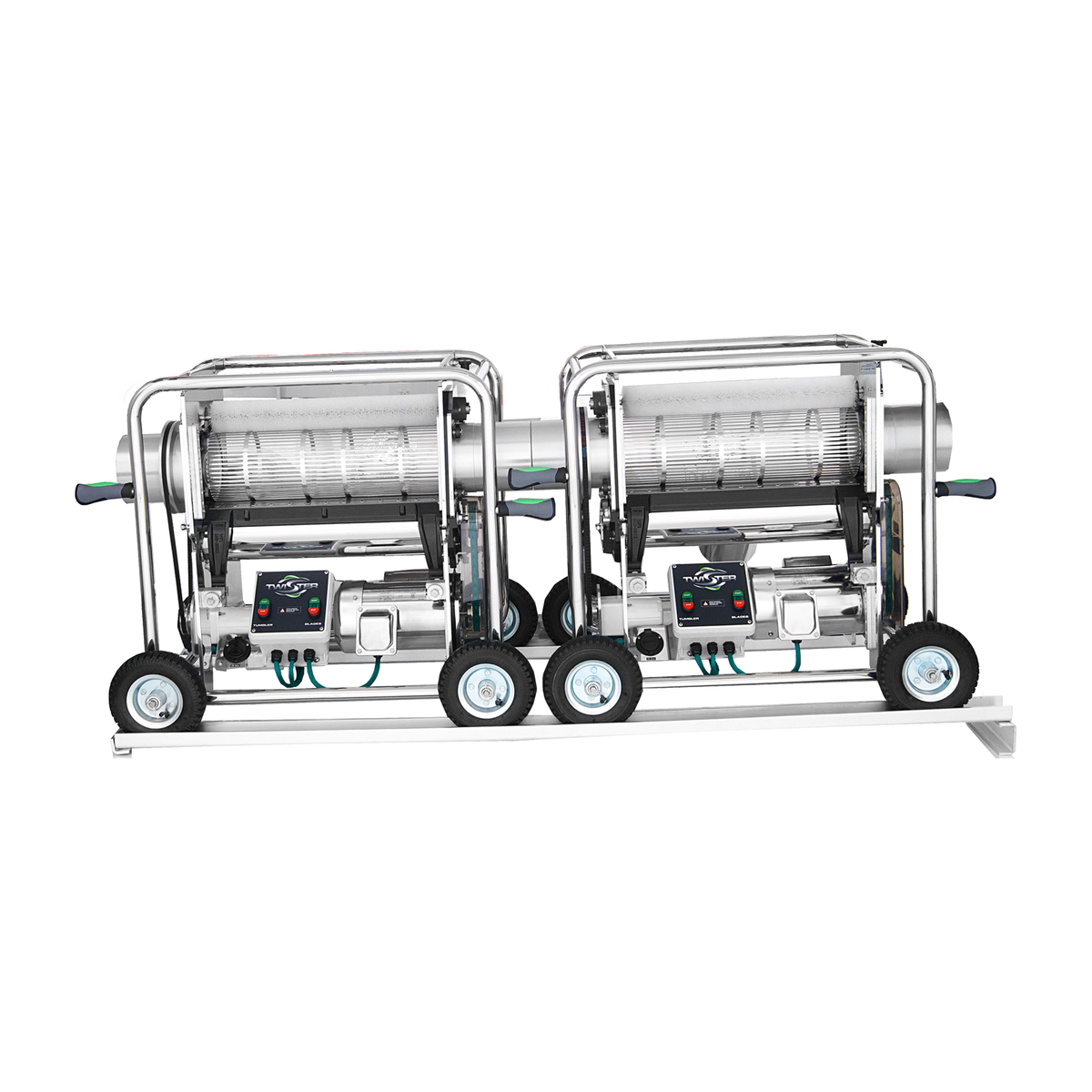 Silver tandem bud trimmer with two spinning metal drums on wheels, set against a white background.