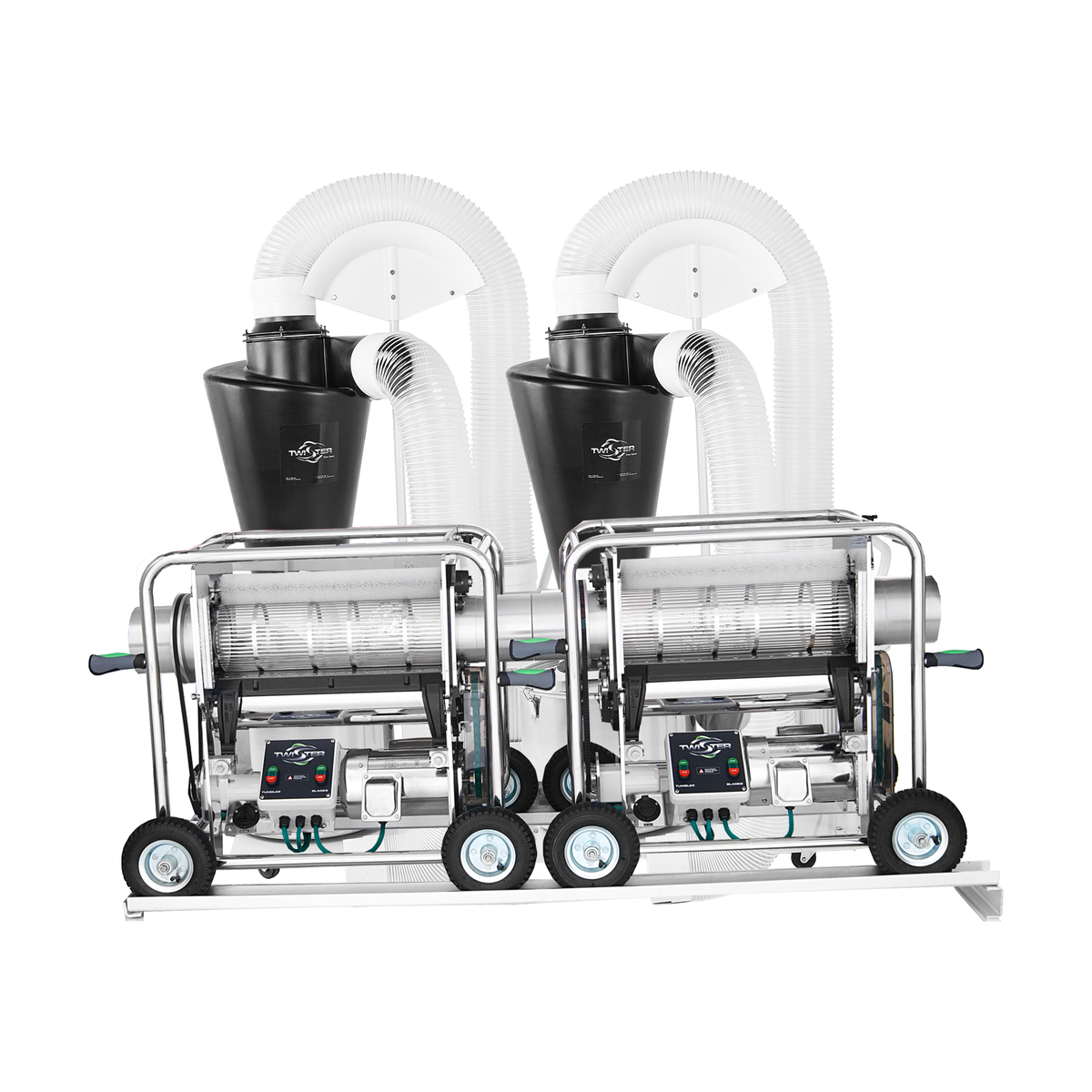 Twin Twister bud trimming machines with black cones and white hoses, on a white background.
