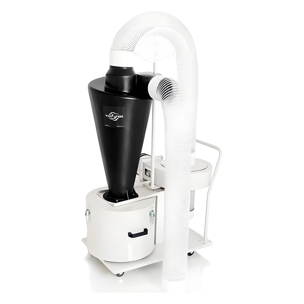 Black and white dust collector with a large cone and flexible hose.