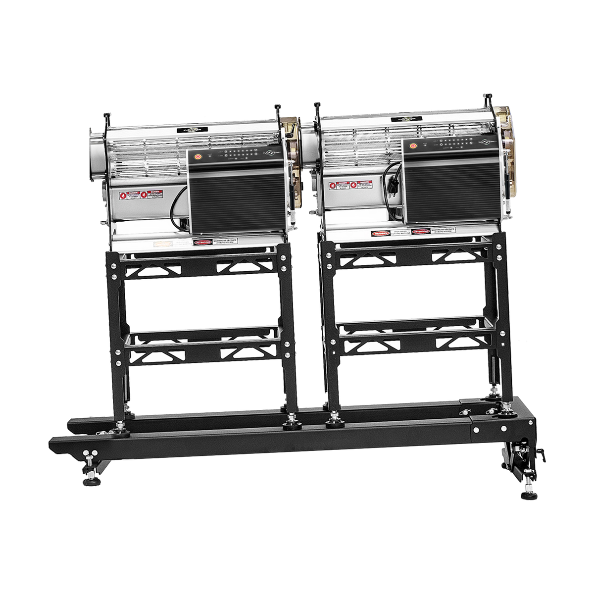 Tandem bud trimmer with leaf collector system on black metal stand.