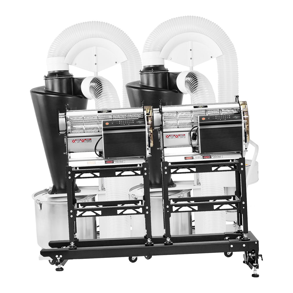 Two tandem Twister T4 bud trimmers with trim saver, on a wheeled cart, with black dust collectors and white flex ducts.