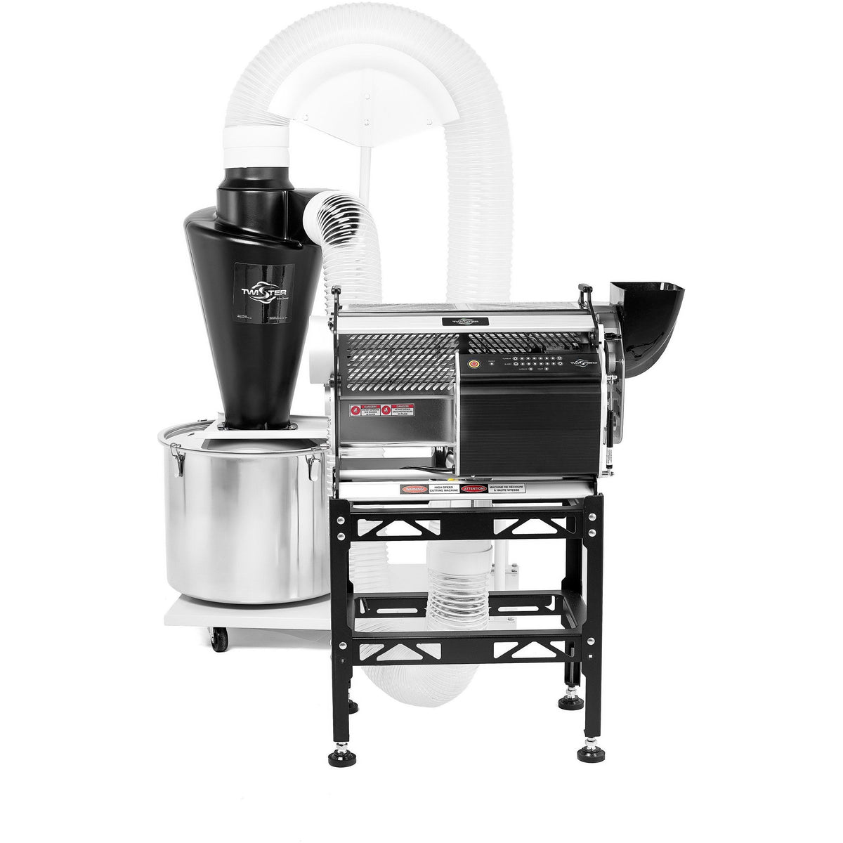 Twister T4 trimmer with dust collector and stainless steel collection bin.