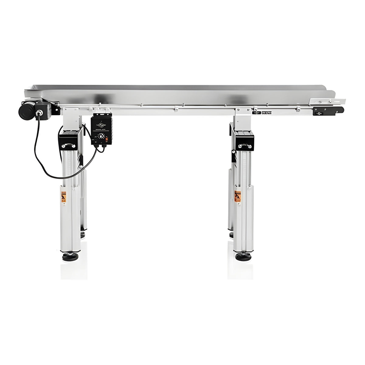 Adjustable stainless steel conveyor belt with motor and control box.