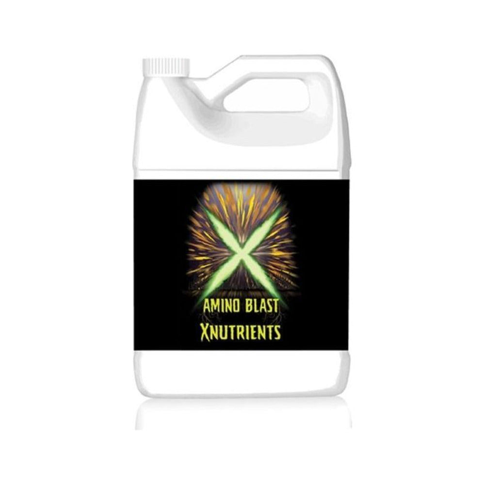 White jug with black label featuring a green X and "AMINO BLAST XNUTRIENTS" text.